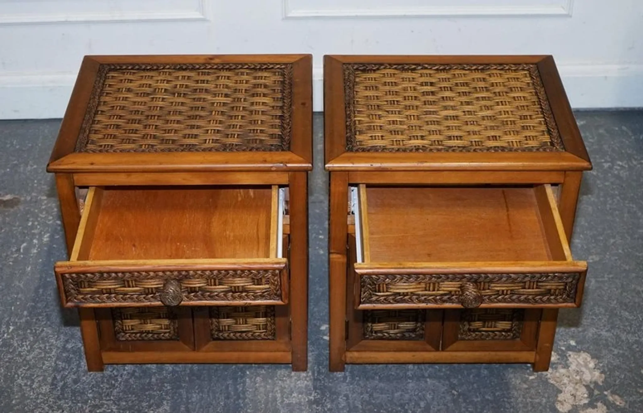 Tables de Chevet Vintage en Rotin avec Tiroir, Set de 2