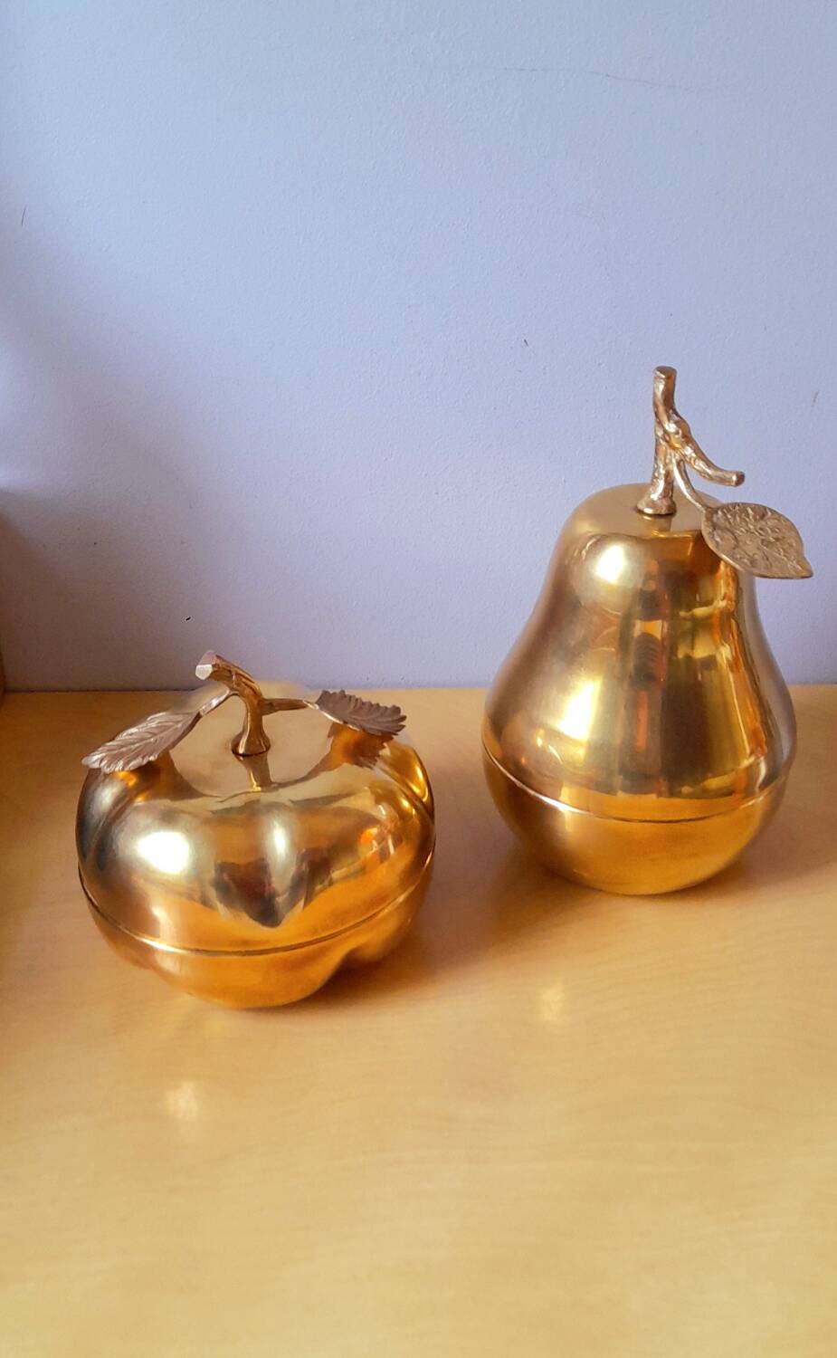 Apple and pear brass boxes from the 70s