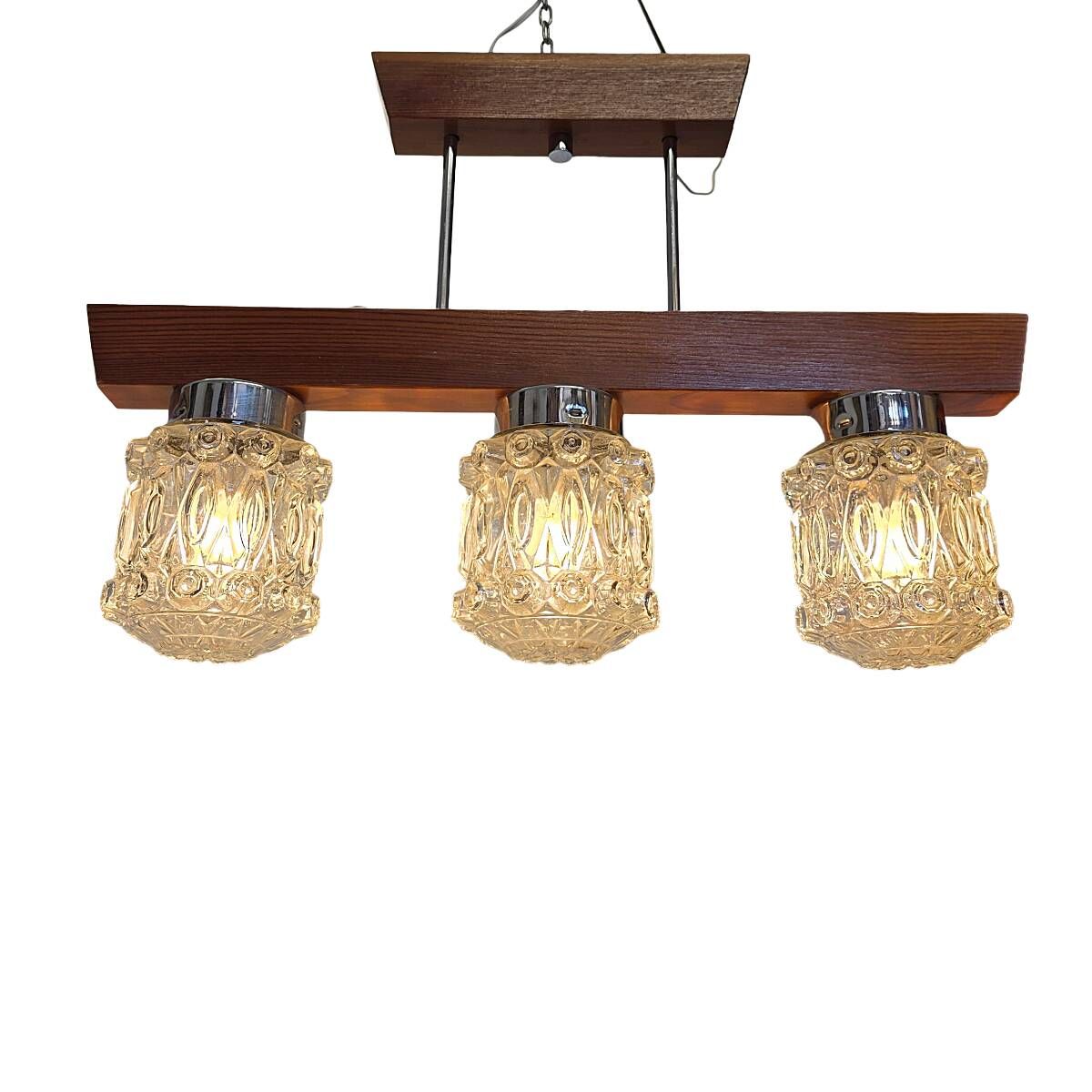 Mid-century pendant lamp with wooden frame and three pressed glass shades,