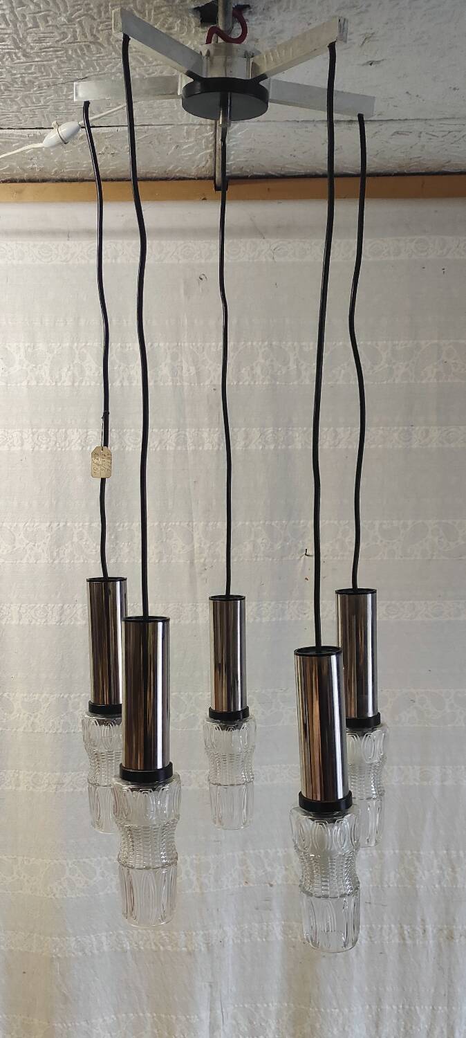 5-light chrome metal and molded glass pendant light - 70's