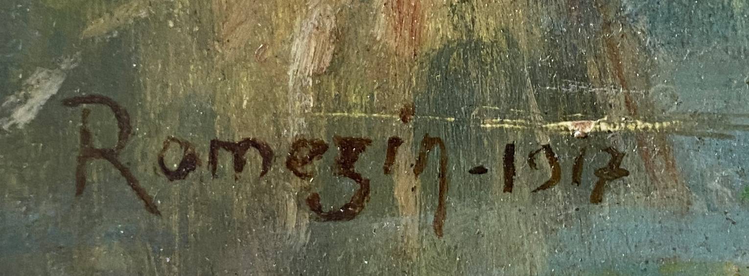 HSP 1917 painting signed Romezin "Cabin by the water" + frame