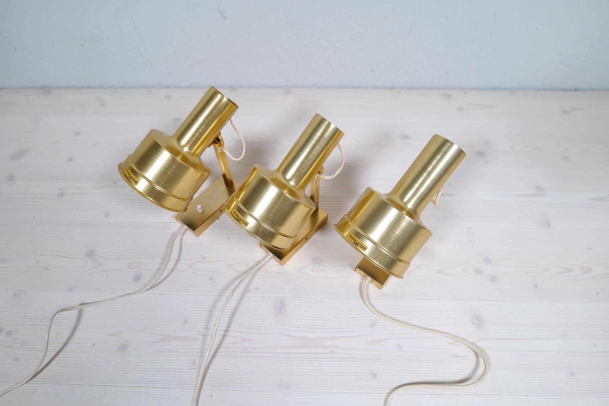Mid-Century Modern Set of 3 Brass Wall Sconces by Sundstedt Sweden