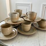 set of 10 cups and sub-cups in stoneware of the Marais handcrafted signed 70s