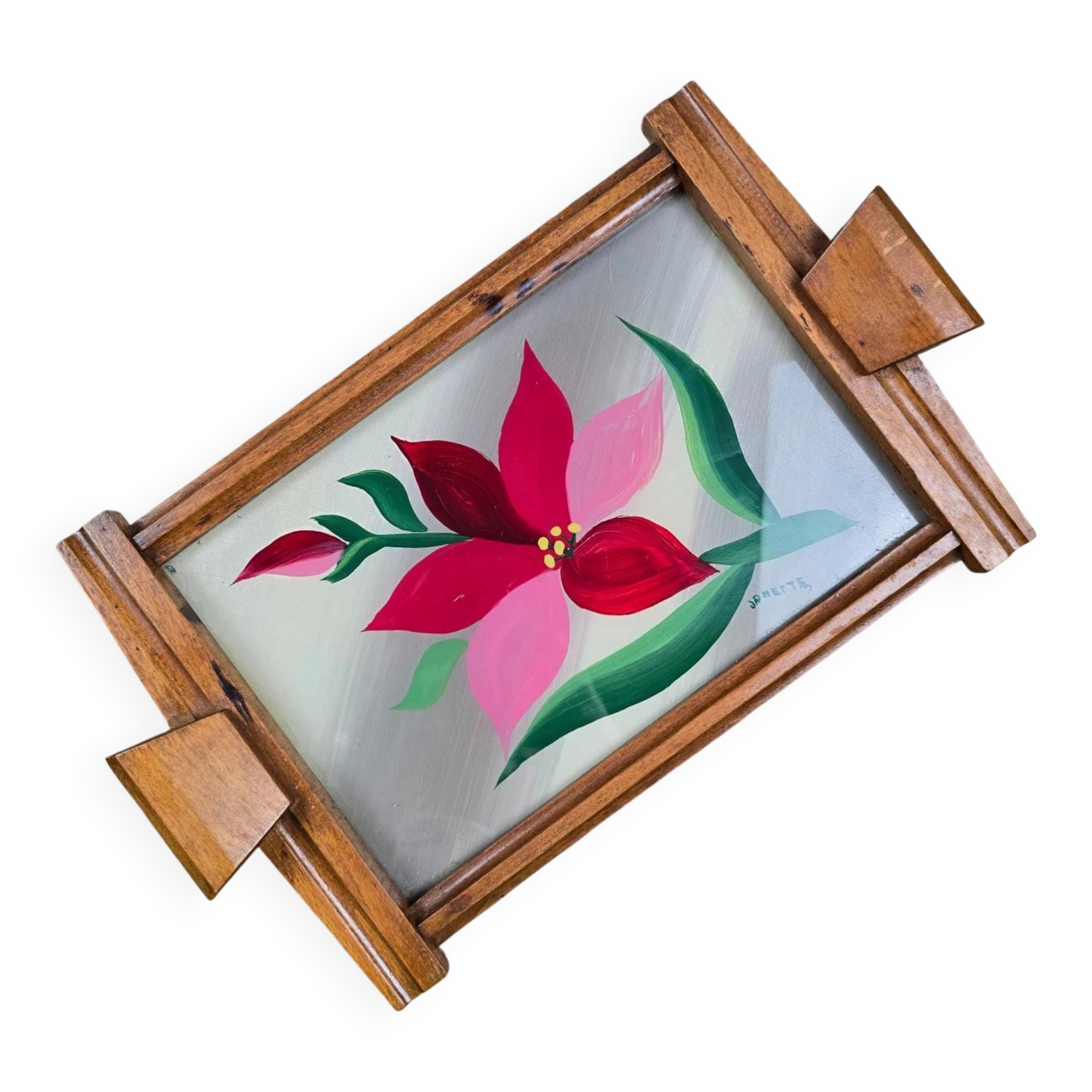 Vintage wooden and glass platter hand-painted – Stylised flower signed Janette