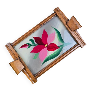 Vintage wooden and glass platter hand-painted – Stylised flower signed Janette