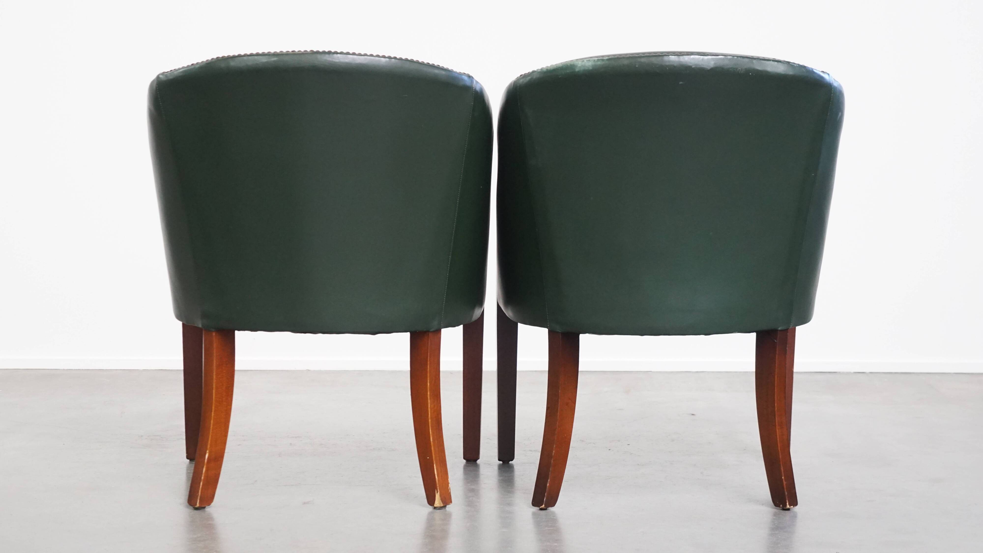 Set of 2 Green Cowhide Leather and Wooden Side/Dining/Office Chairs