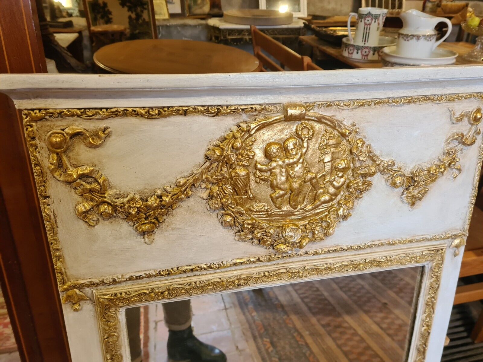 Patinated trumeau mirror beige and gold