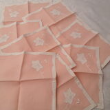 Old square rose tablecloth with 8 towels, handmade