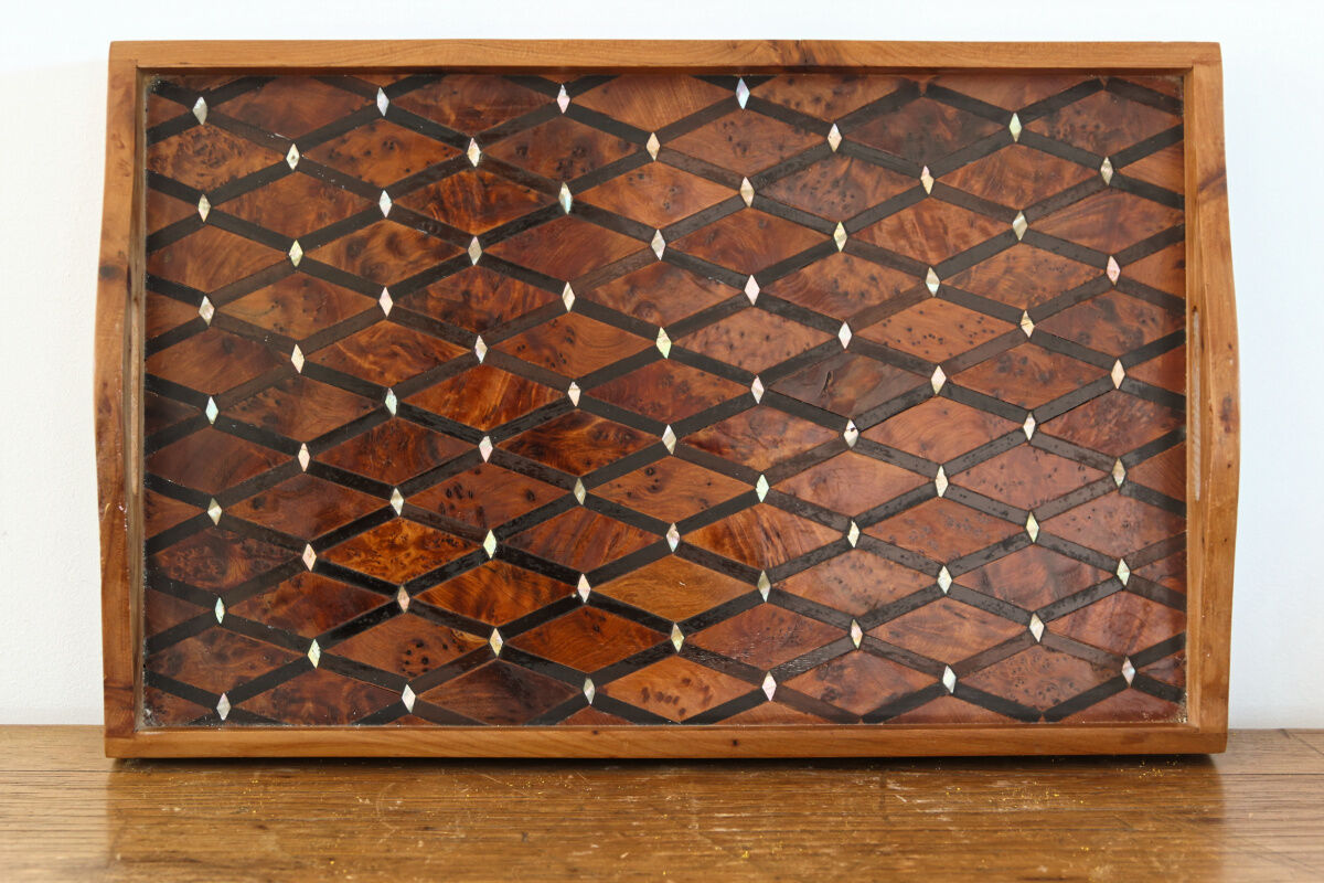 Elm magnifying glass tray and mother-of-pearl