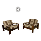 2 fauteuils armchair en bois et tissu vintage design années 70