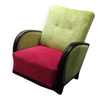 Set of 2 Art Deco armchairs in fuchsia and olive fabric, 1930s, Czech Republic.