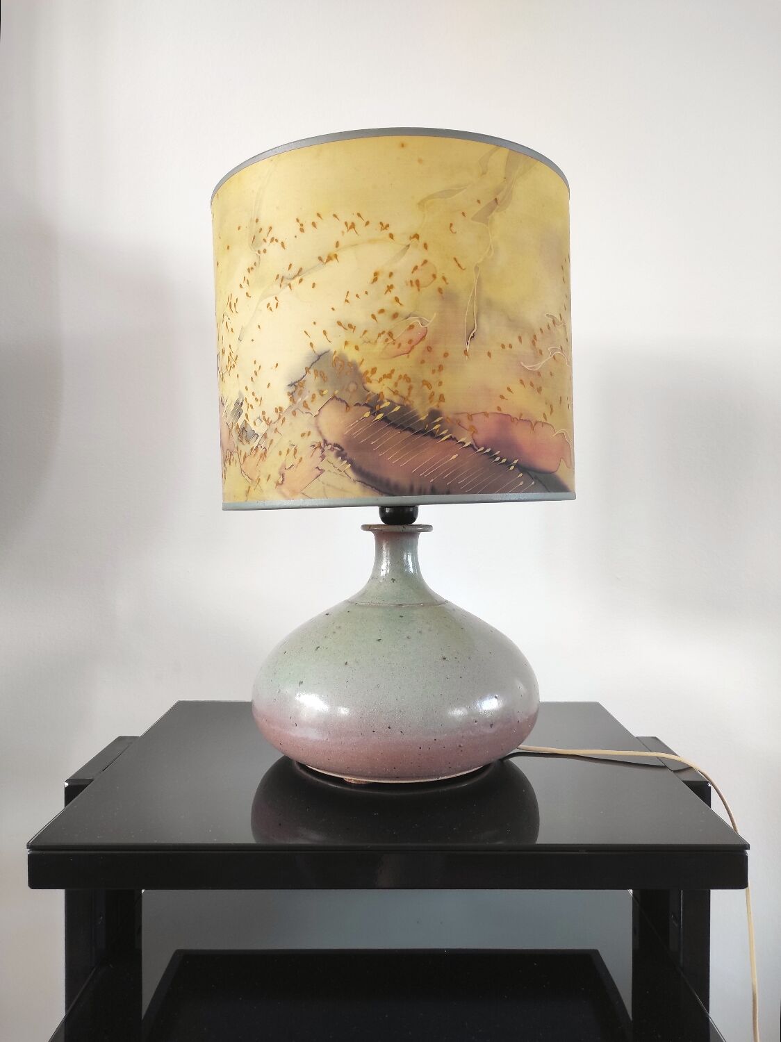 Vintage ceramic lamp signed & hand-painted silk shade 70s