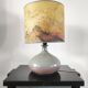Vintage ceramic lamp signed & hand-painted silk shade 70s