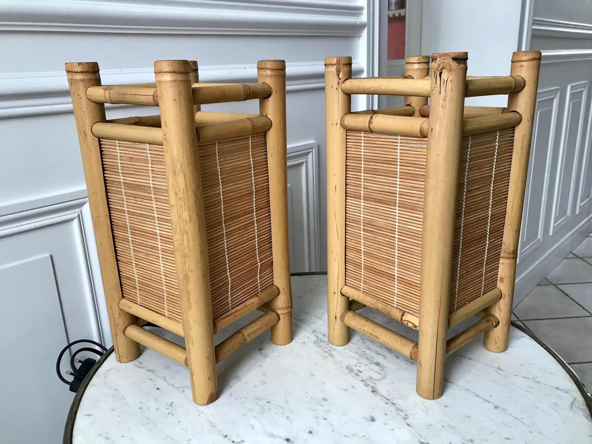 Pair of bedside lamps in rattan bamboo 70s