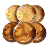 6 Sarreguemines barbotine ceramic fish plates, flat plates.