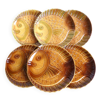 6 assiettes à poissons céramique barbotine Sarreguemines, assiettes plates.