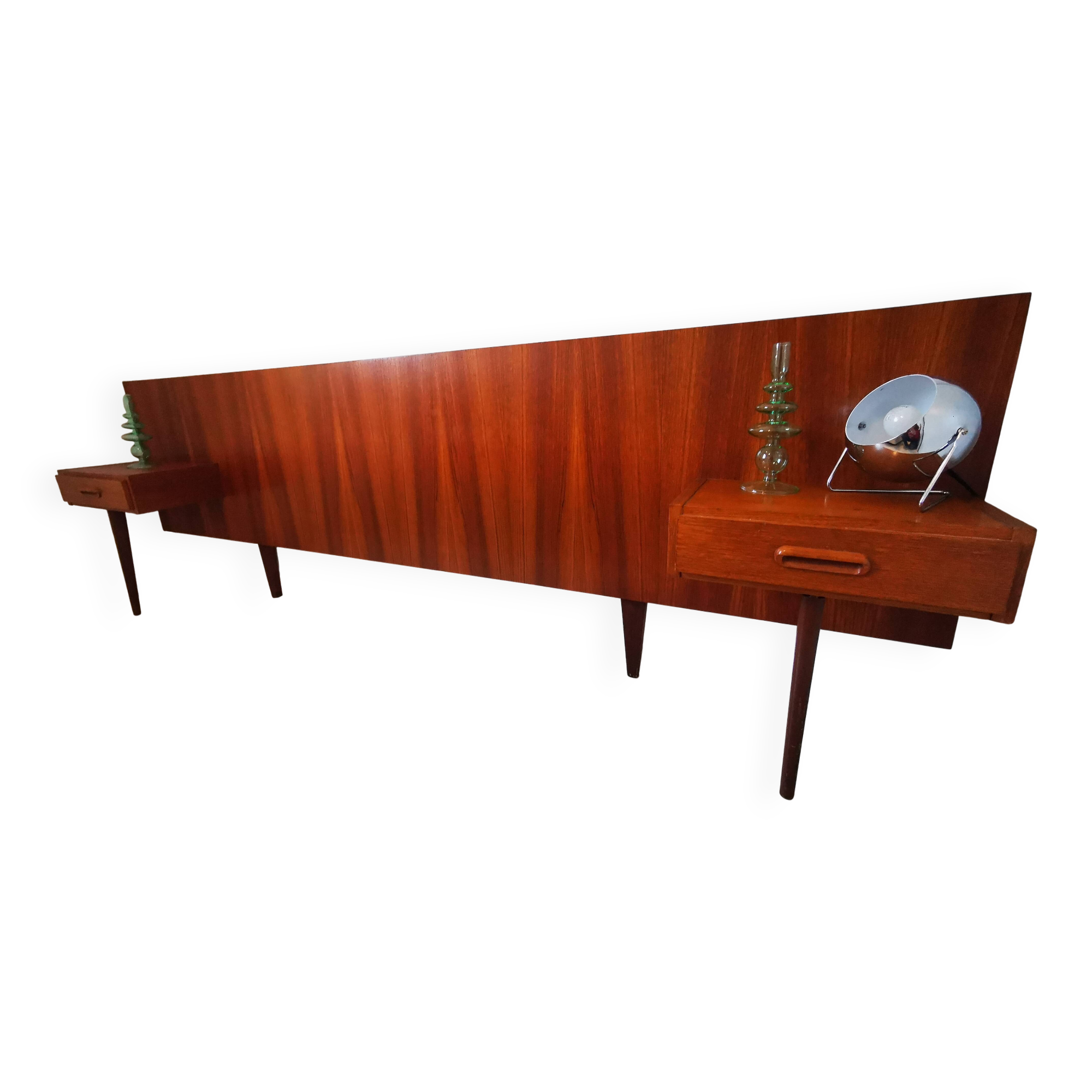 Scandinavian teak headboard – 1960s – Integrated bedside tables