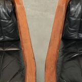 Black leather set of 2 Art Deco design dining/side chairs with armrests