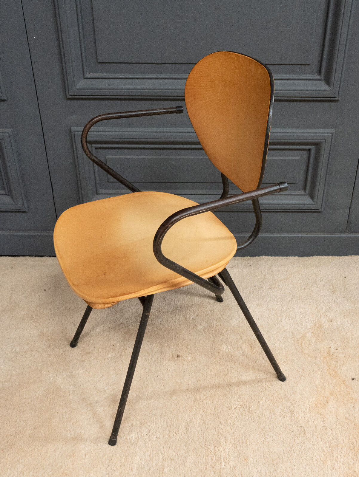 Office chair 1960 tubular seat skaï patina cream