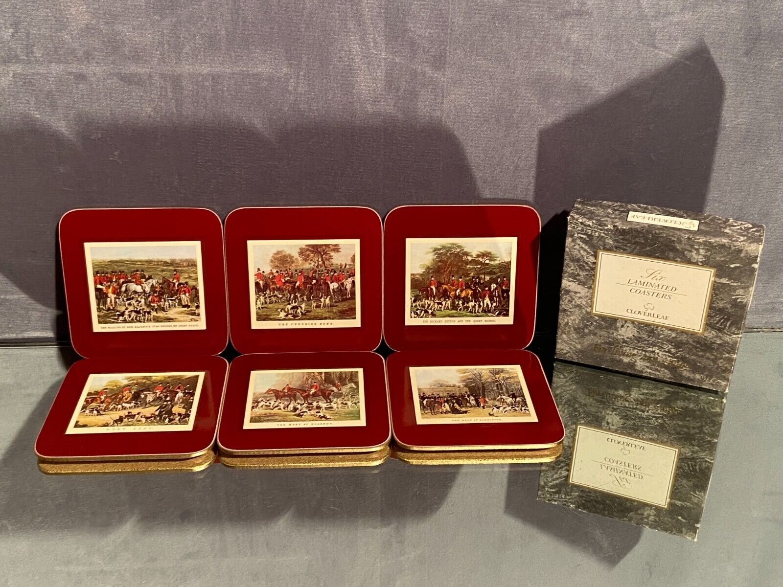 Suite de 6 dessous de verre en liège Clover Leaf décor scènes de chasse à courre