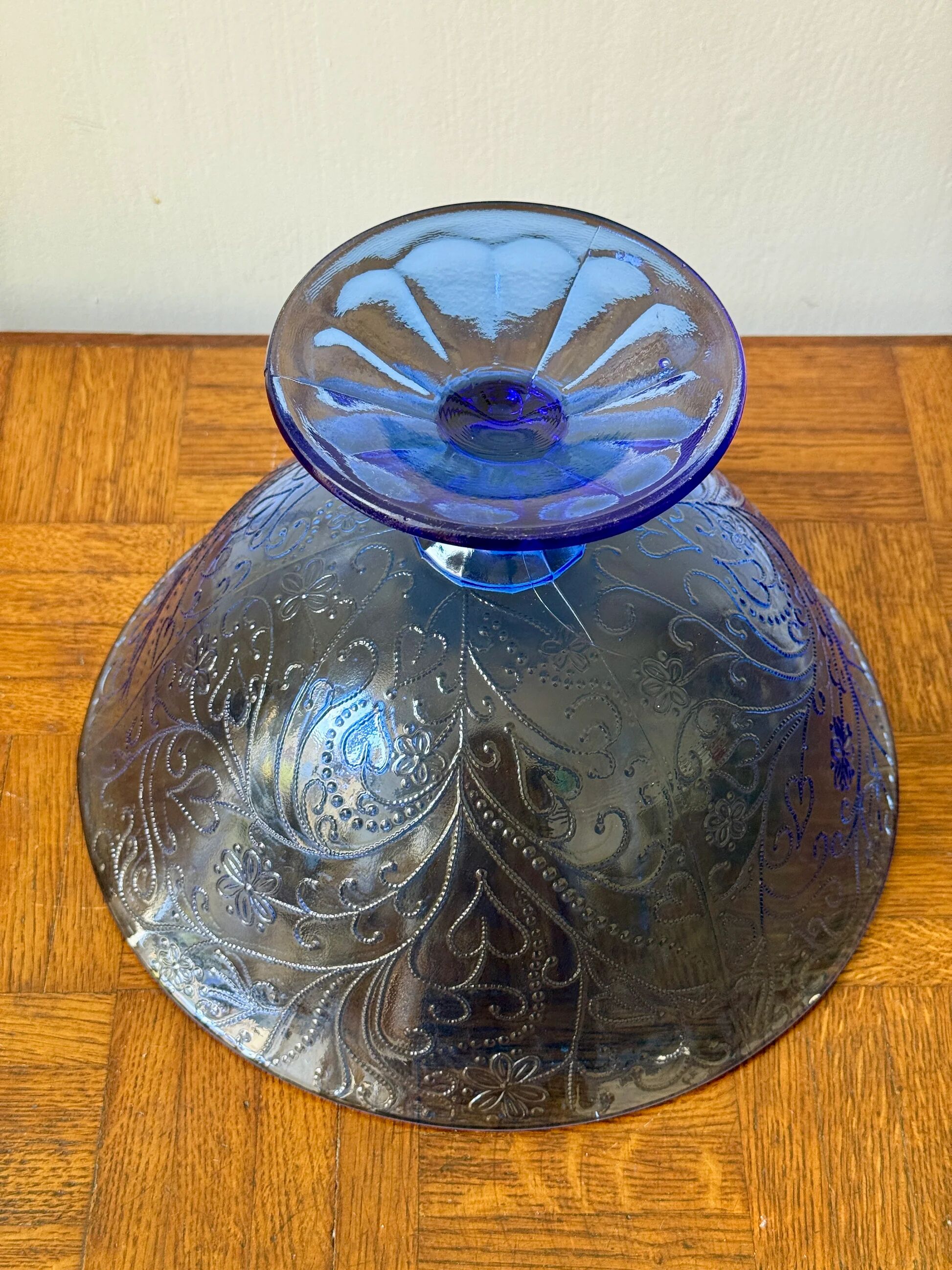 Bluish glass fruit bowl