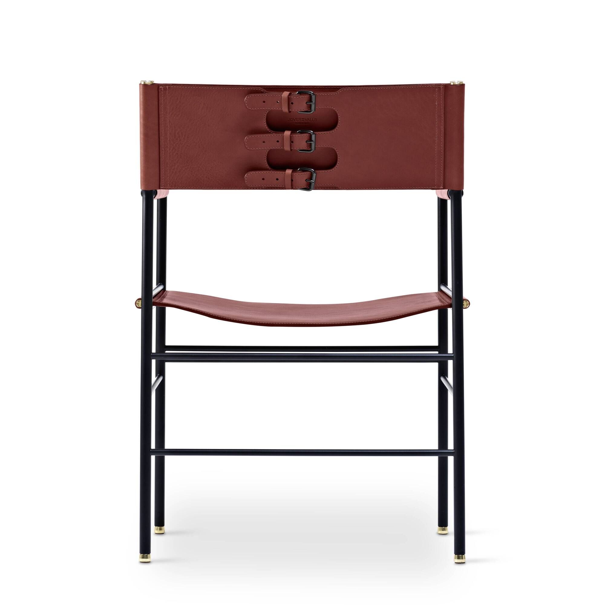 Classic bar stool with cognac leather backrest and black rubber metal.