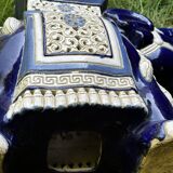 Elephant stool in glazed ceramic in cobalt blue and ivory colors