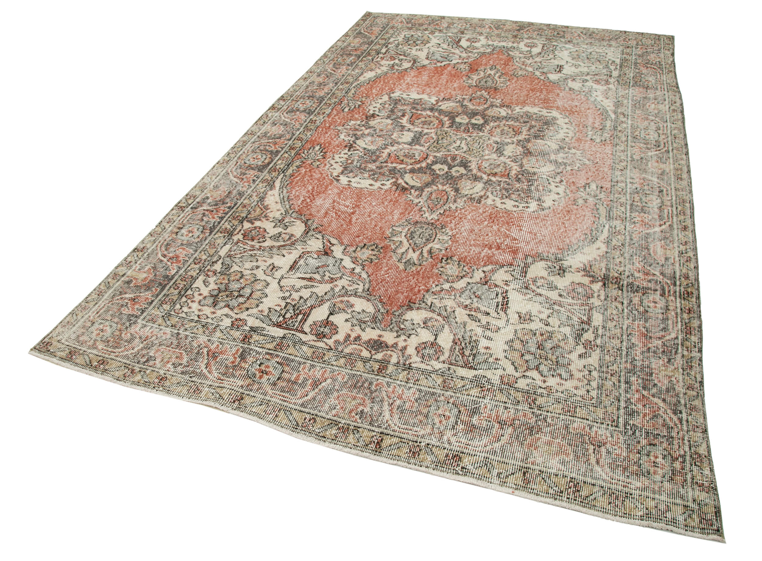Turkish hand-knotted distressed 1970s beige carpet 178 cm x 305 cm