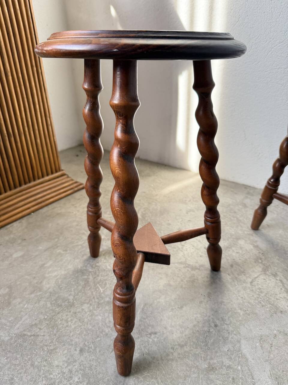 Set of 4 turned oak stools.