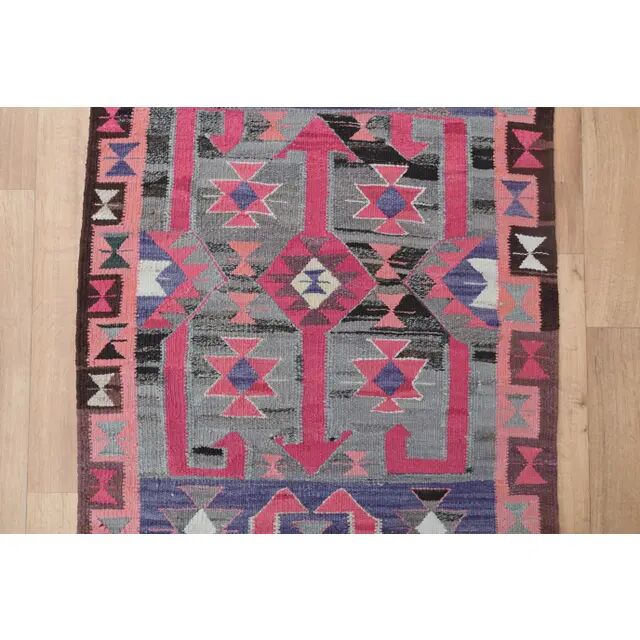 1970s Vintage Turkish Oushak Handmade Wool Cotton Pink Runner Rug 99x331