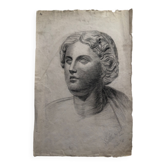 Drawing xix charcoal academic study antique bust niobe signed pierre vaillant 1896, beaux arts paris