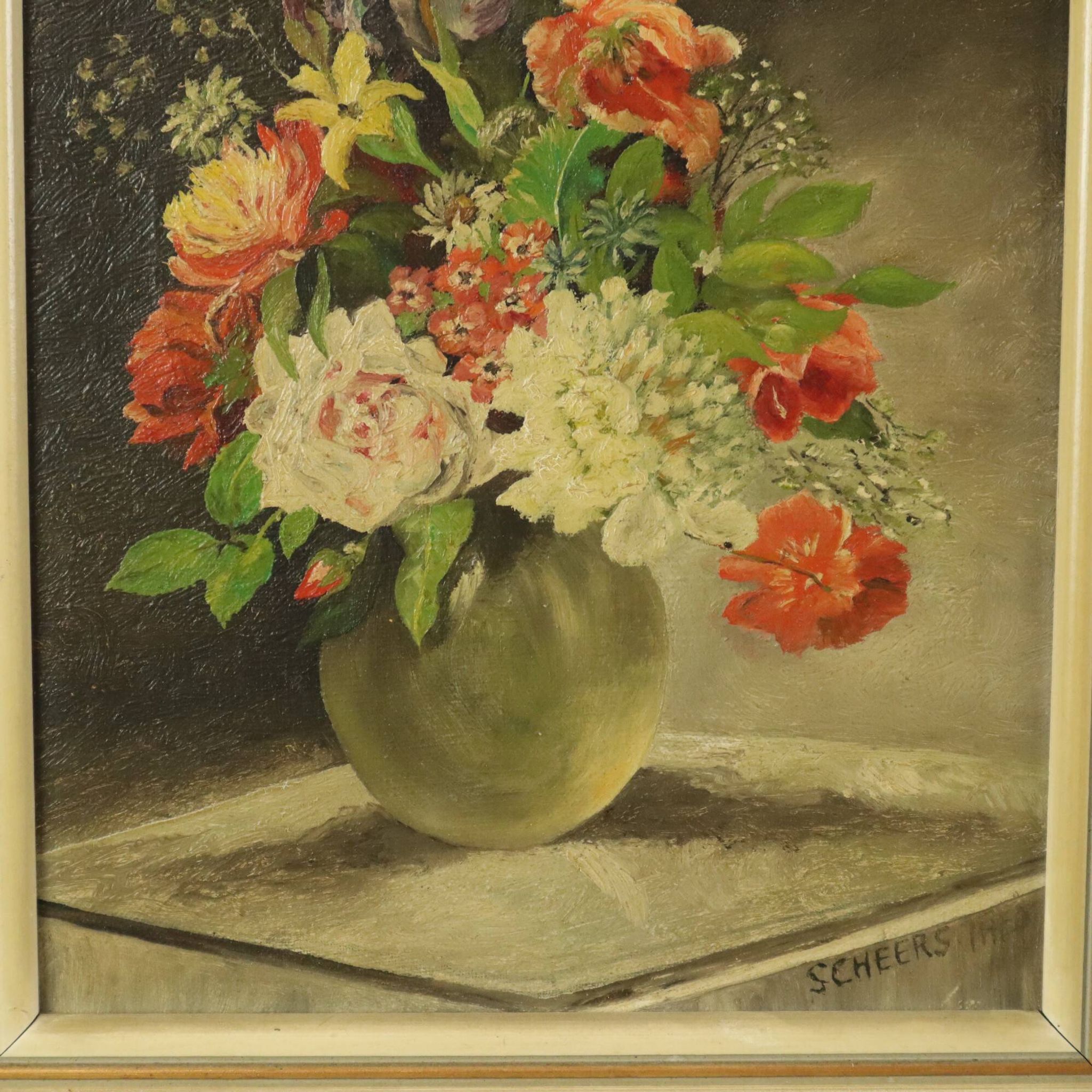 Flowers in Vase Still Life Painting Oil on Canvas Framed Signed