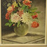 Flowers in Vase Still Life Painting Oil on Canvas Framed Signed