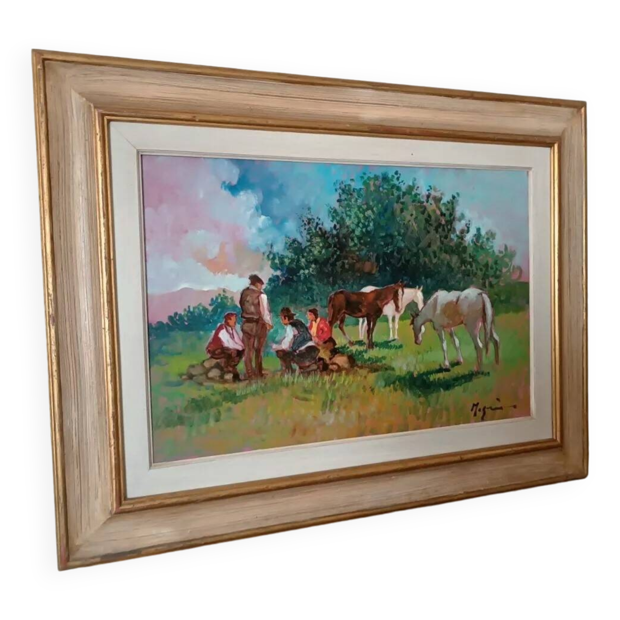 Peinture à l'huile paysage campagne chevaux fausto magni (florence 1906-1985)