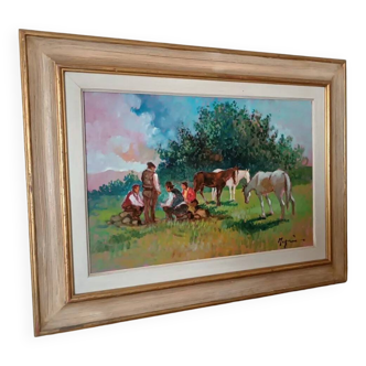 Peinture à l'huile paysage campagne chevaux fausto magni (florence 1906-1985)