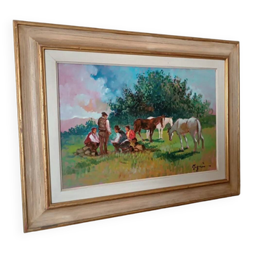 Peinture à l'huile paysage campagne chevaux fausto magni (florence 1906-1985)