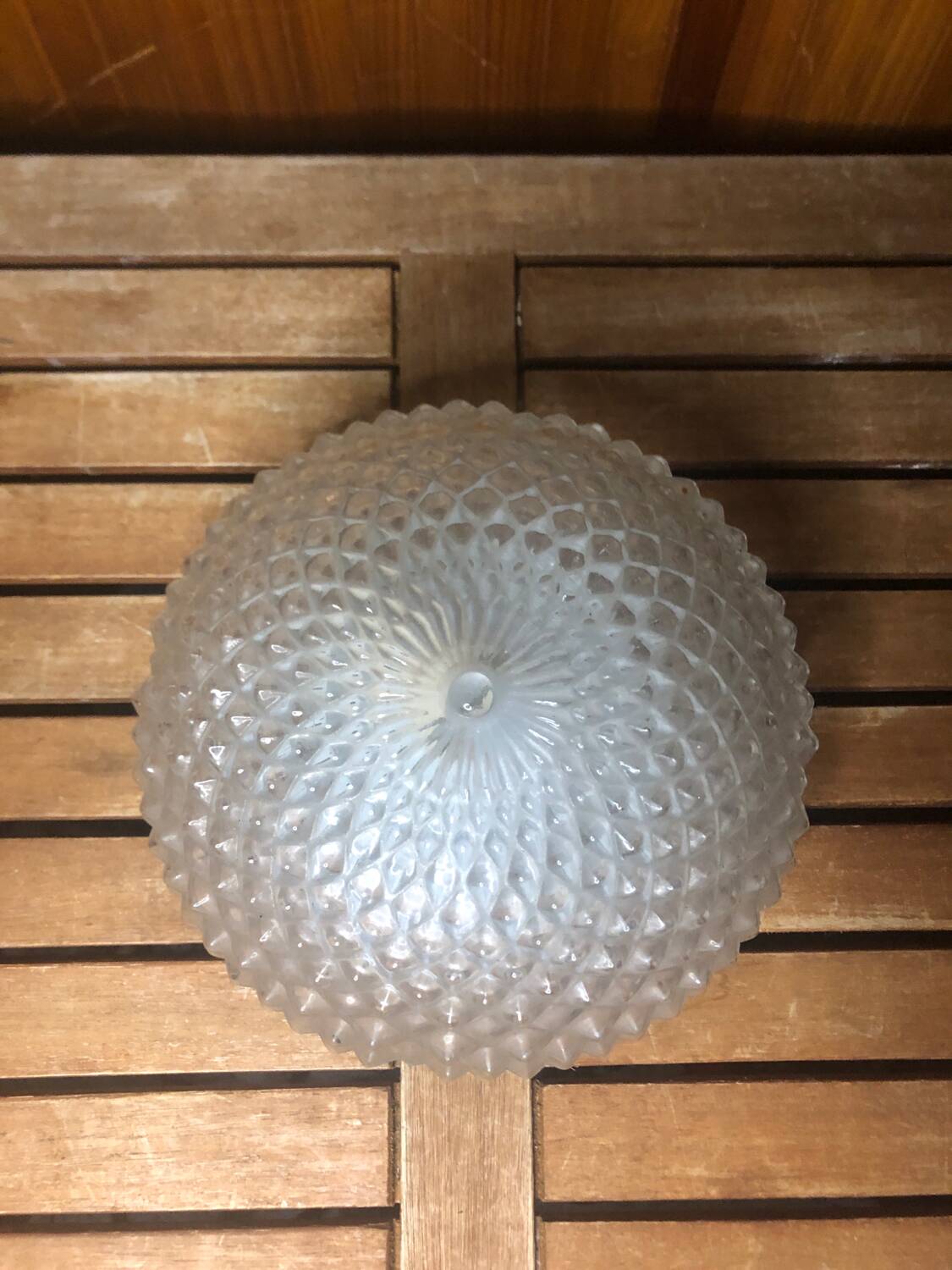 Old molded glass ceiling light + vintage white metal support