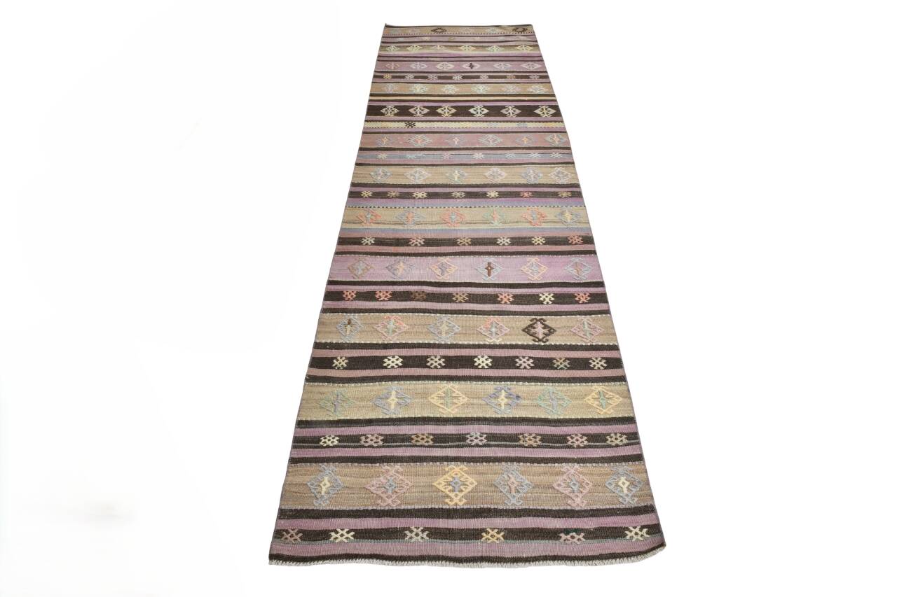 3x10 Pastel Pink & Brown Striped Kilim Runner Rug, 90x315Cm