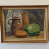 Peinture à l'huile vintage sur plaque "Nature morte".