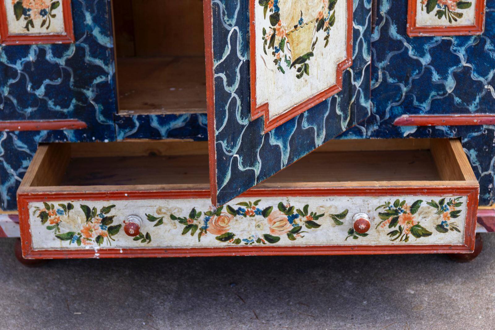 Antique hand-painted Baroque chest folk art cabinet dated solid wood Central Europe, 1865