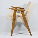 Original 366 armchair, designer J. Chierowski, 1960s icon, restored, cream fabric, teak wood