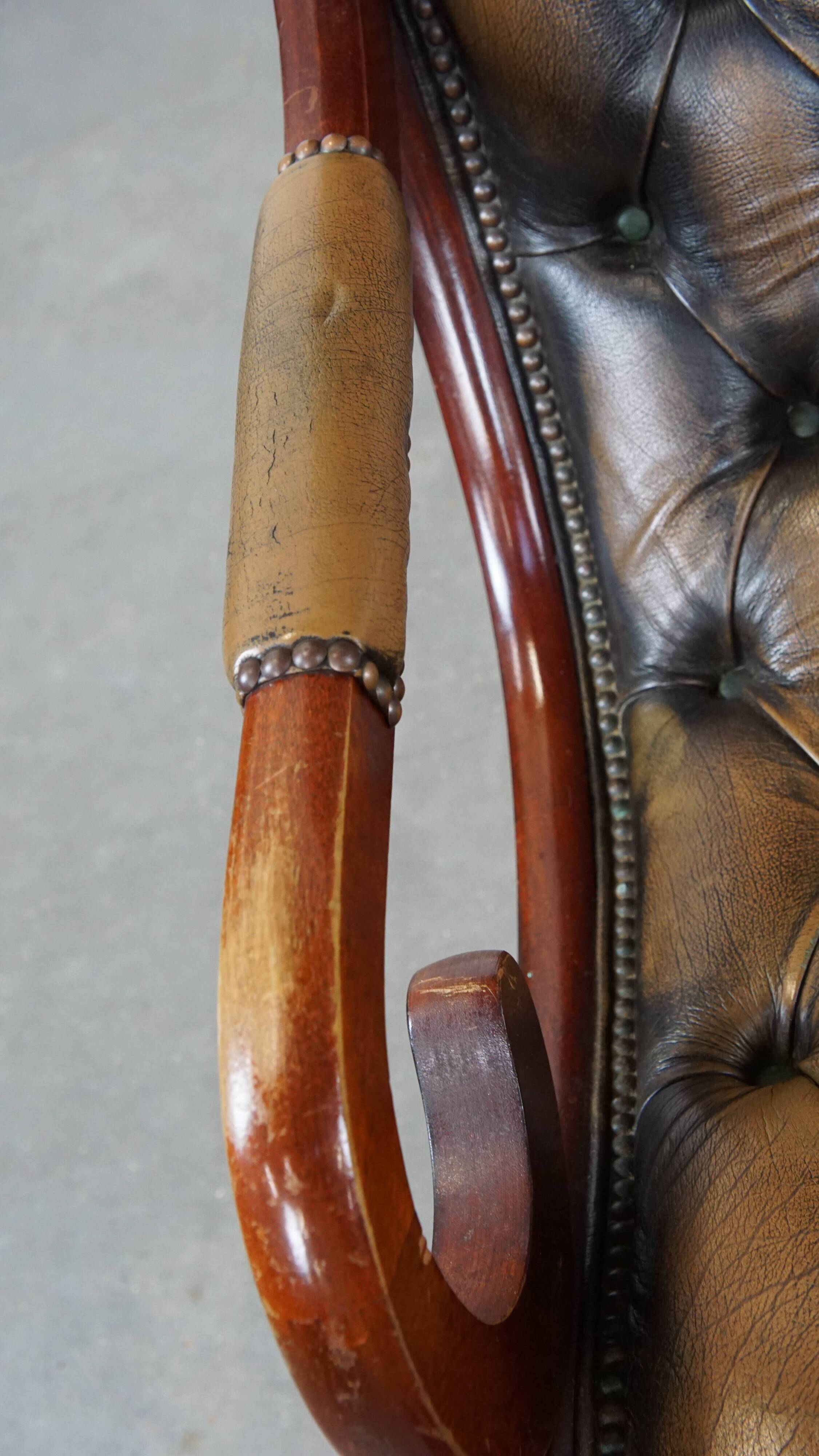 Green Vintage Leather English Chesterfield Armchair Combined with Wood