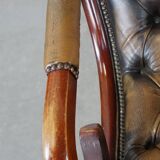 Green Vintage Leather English Chesterfield Armchair Combined with Wood