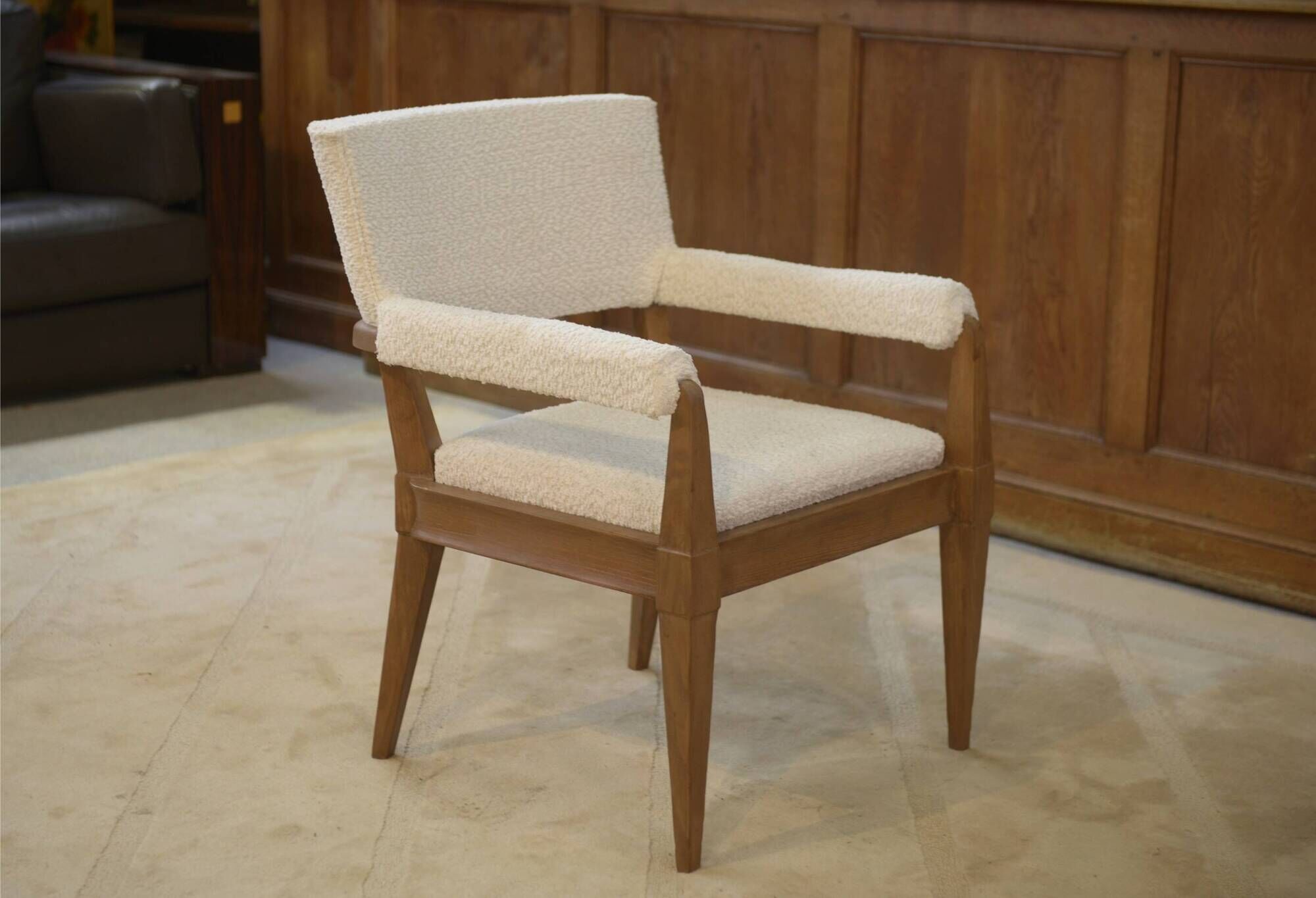 Art Deco modernist armchair in ash and cream boucle by Pierre Gouffé 1940s