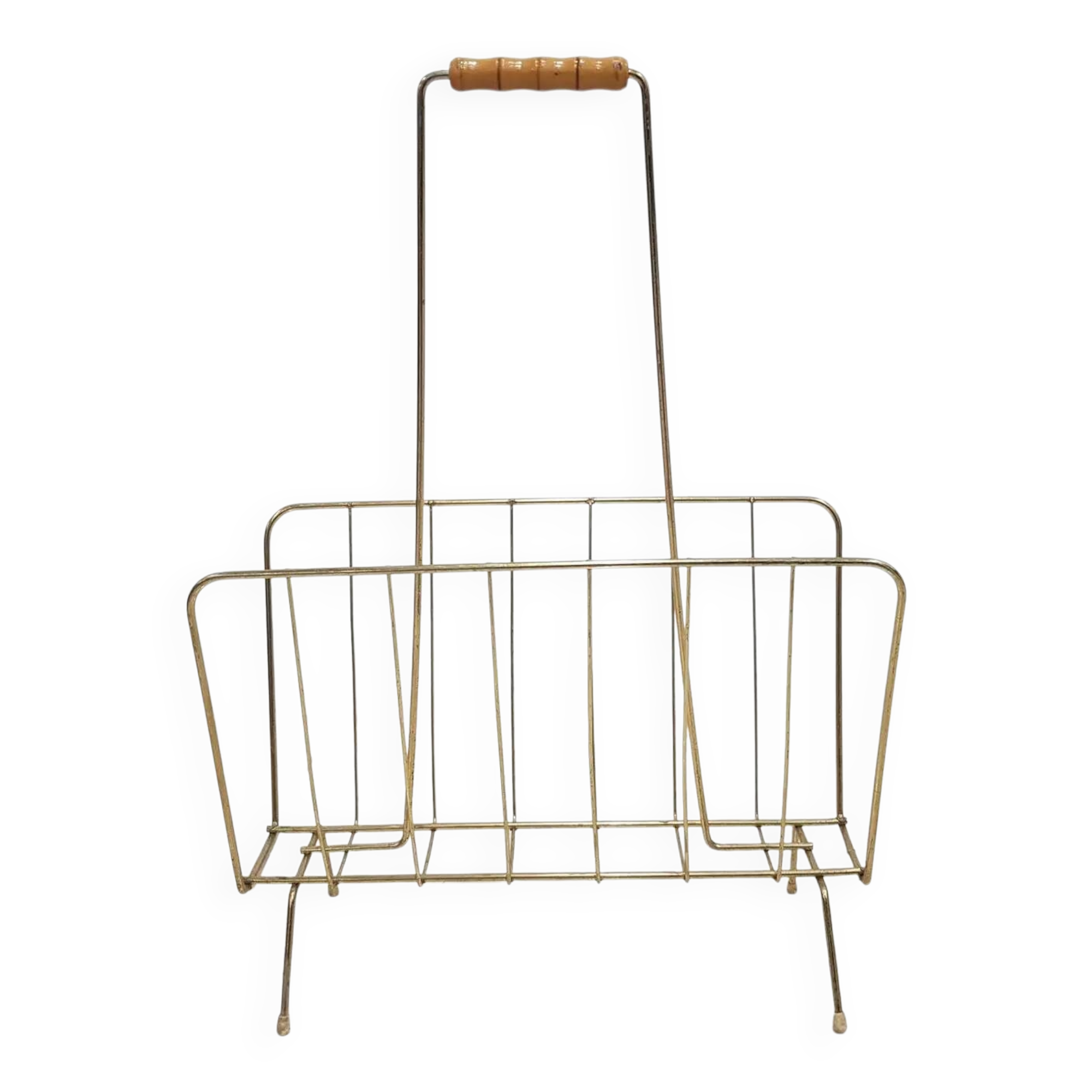 Magazine rack, gold metal, brown wood, Germany, 1970s