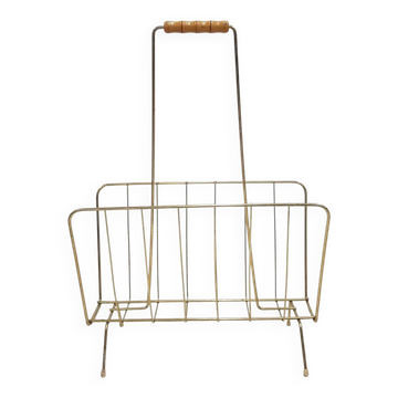 Magazine rack, gold metal, brown wood, Germany, 1970s