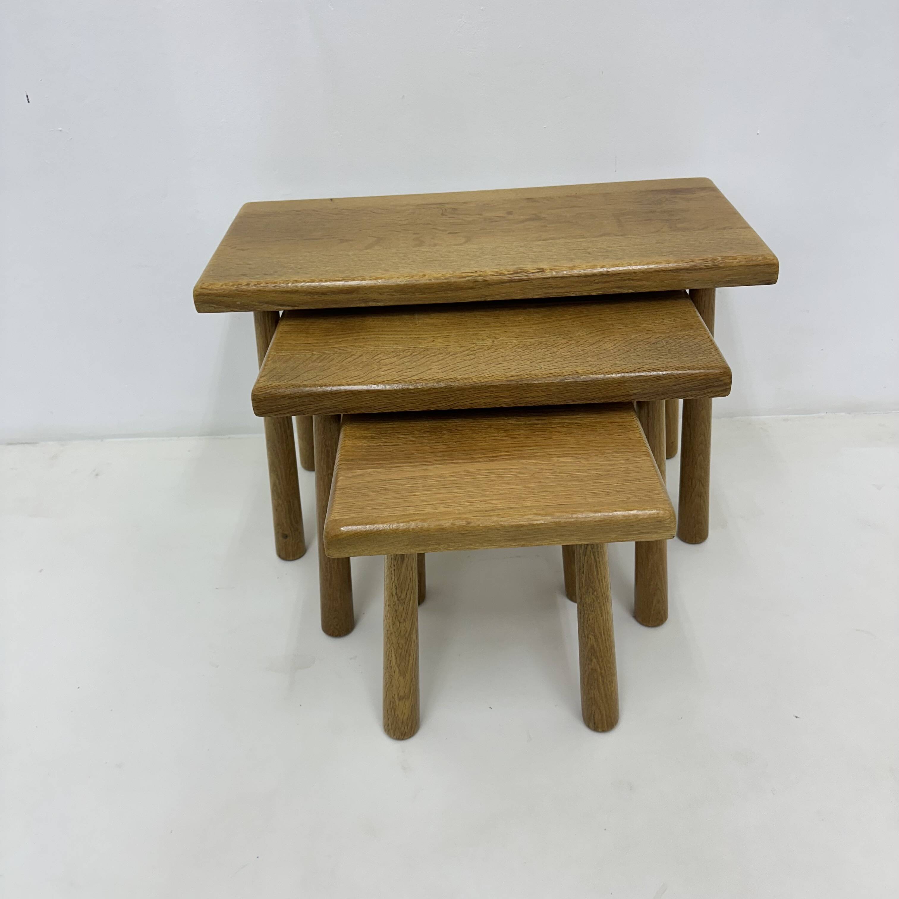 Set of nesting tables solid oak wood brutalist , 1970s