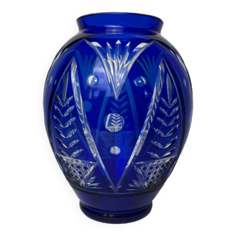 Ancien vase en cristal taillé bleu cobalt vers 1900