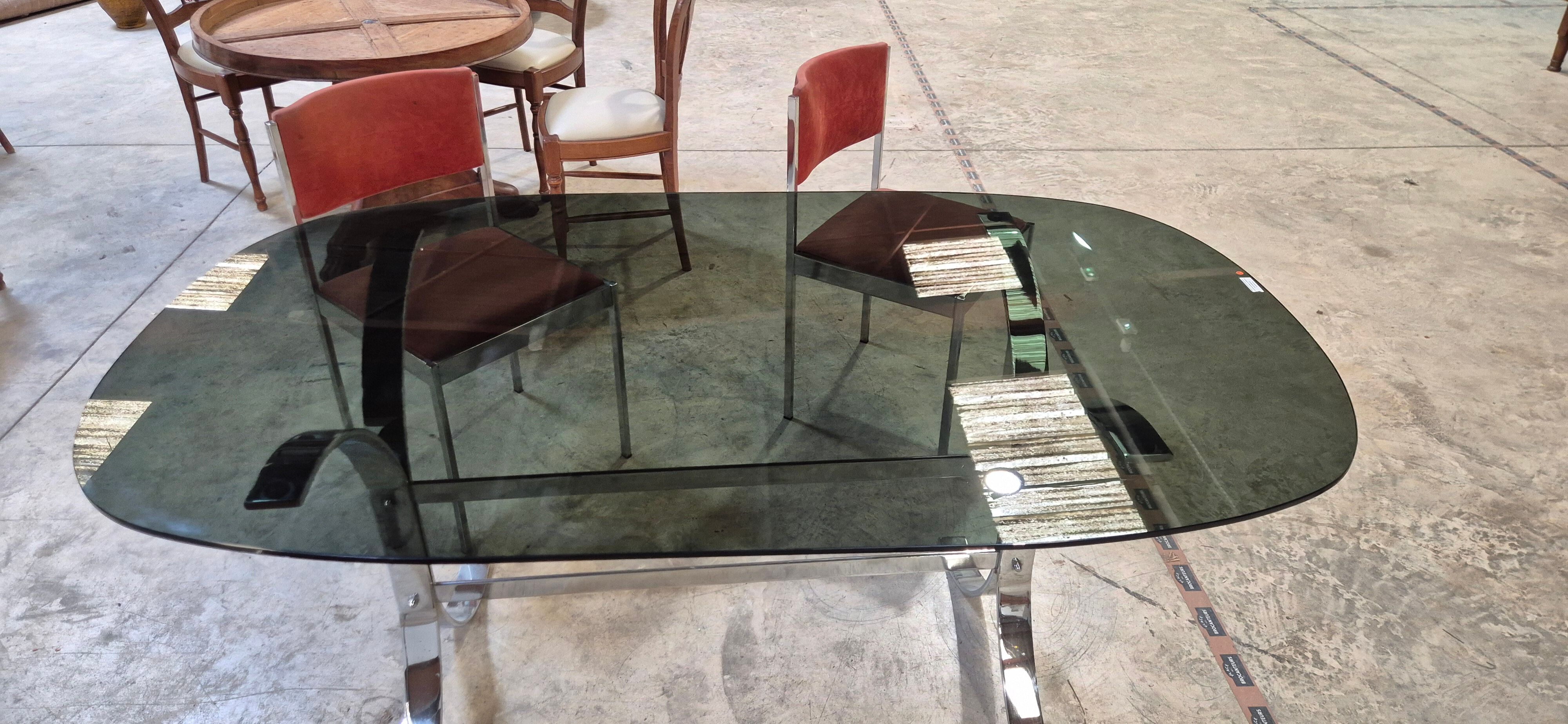 Dining room table + 4 stainless steel and smoked glass chairs 1970