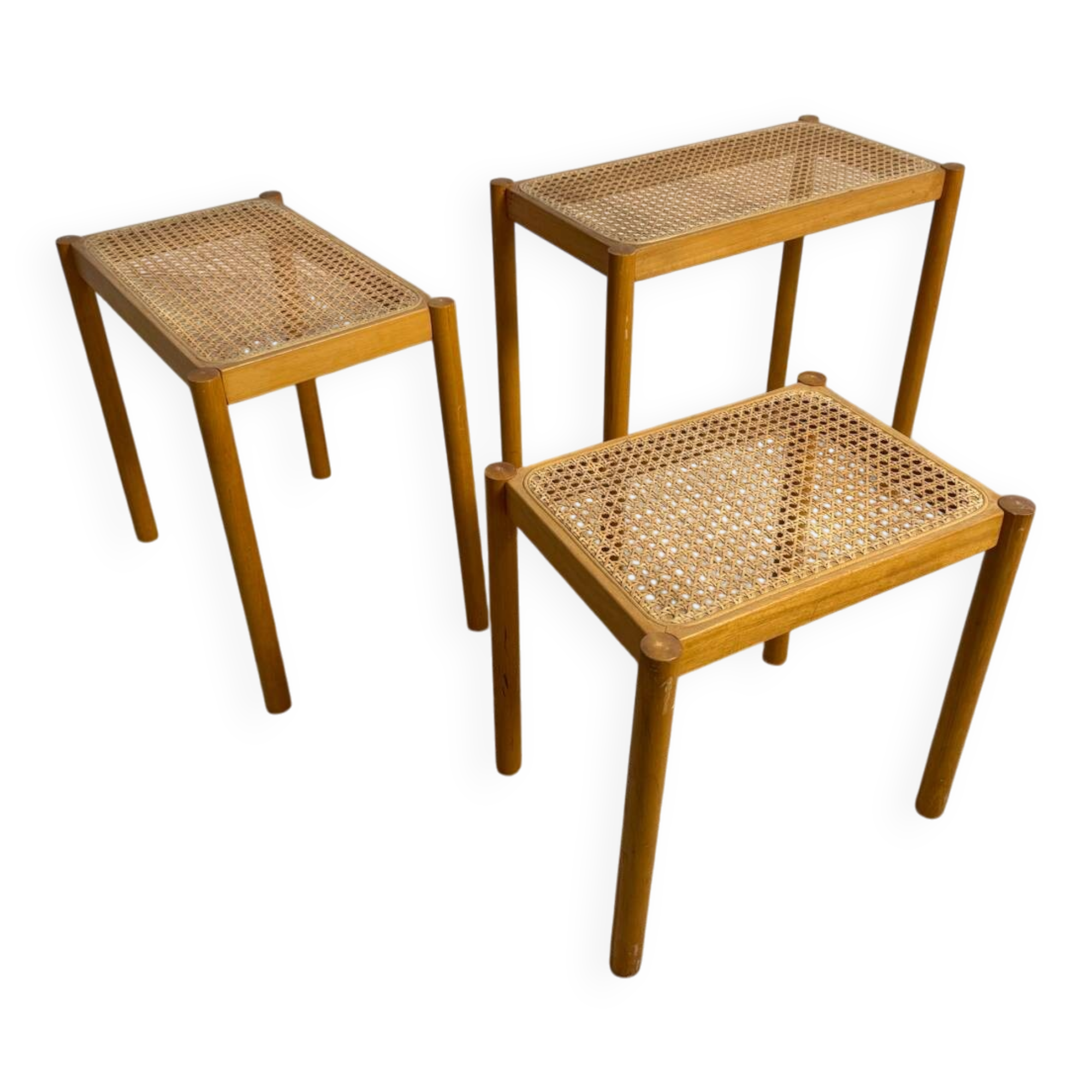 Set of Scandinavian nesting tables in wood and cane – 1960s